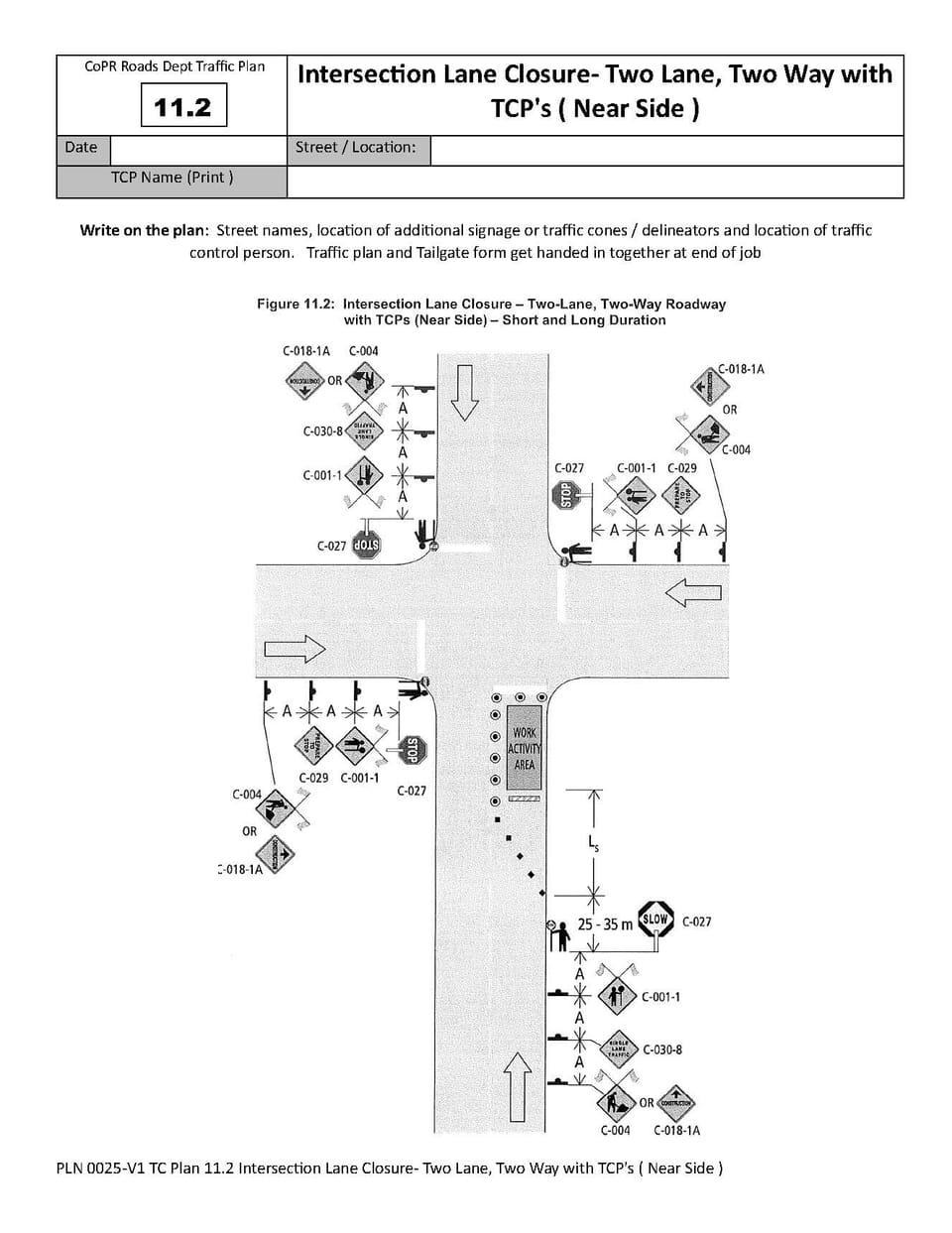 Traffic Plan 11.2 - Intersection Lane Closure - Two Lane, Two Way with TCP's (near side)